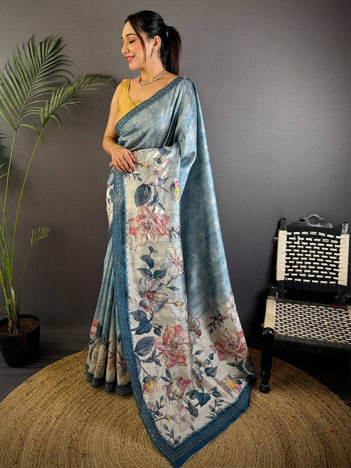 Teal Blue Soft Silk Saree with Floral Print & Thread Border