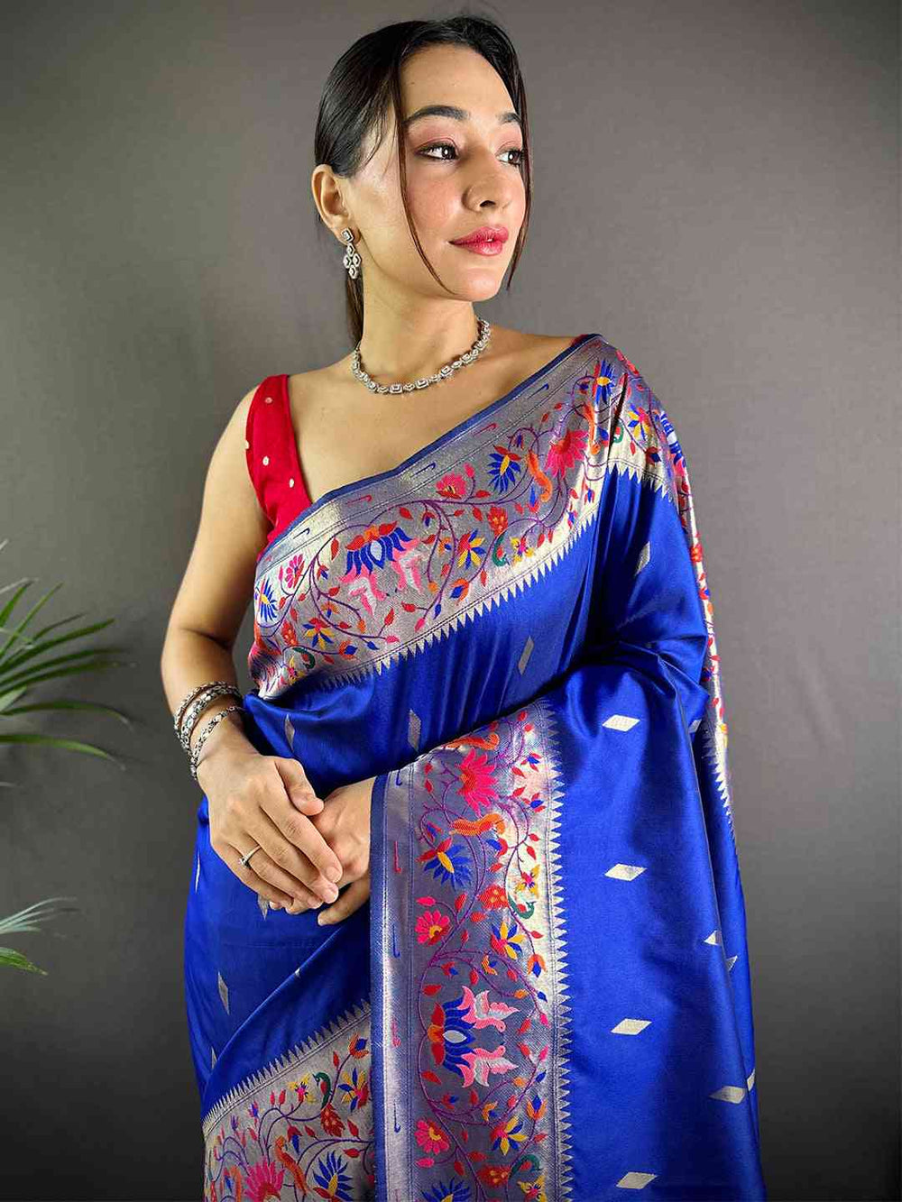 Royal Blue Banarasi Soft Silk Saree with Silver Zari Border & Multicolor Meenakari Pallu