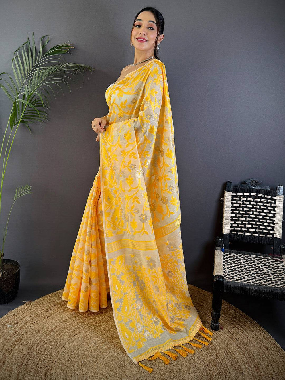 Yellow Linen Saree with Silver Zari Floral Weaving
