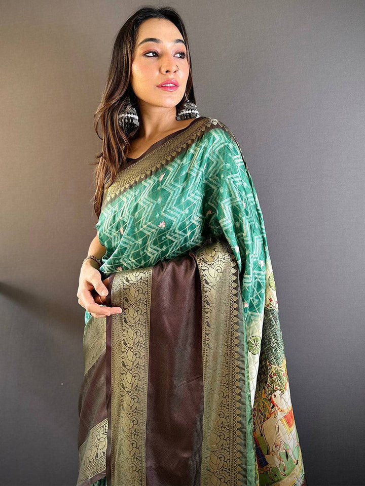 Green & Brown Banarasi Soft Silk Saree with Antique Zari Border & Designer Pallu