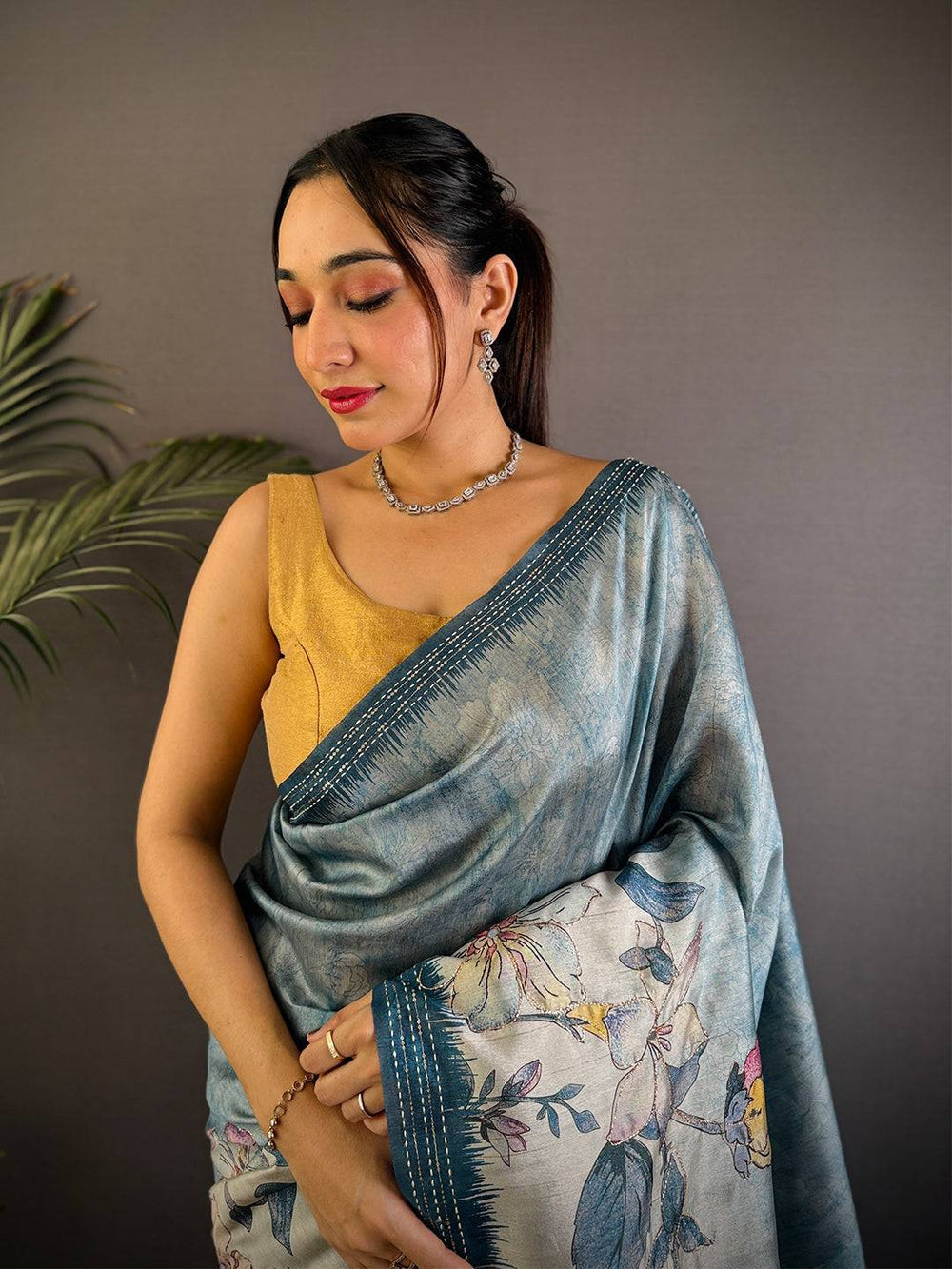 Teal Blue Soft Silk Saree with Floral Print & Thread Border
