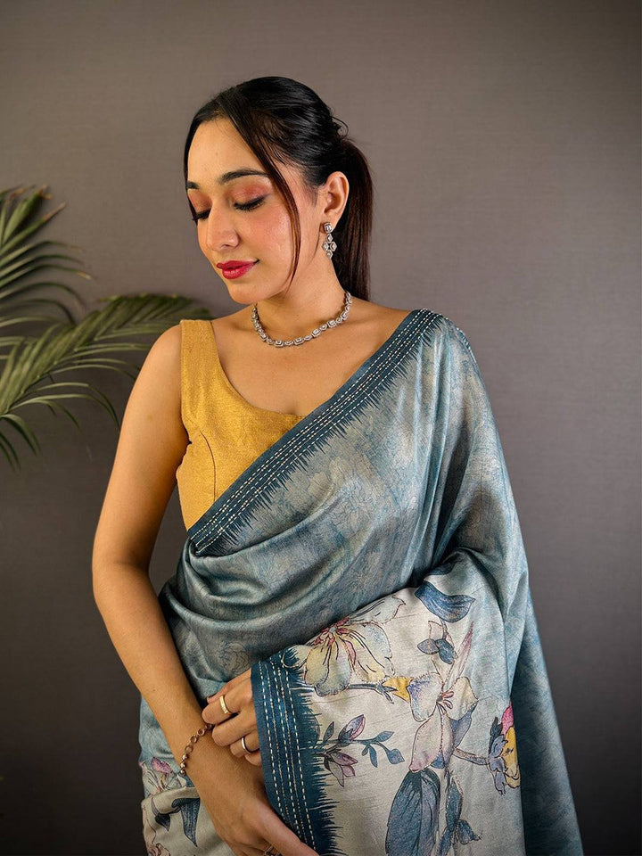 Teal Blue Soft Silk Saree with Floral Print & Thread Border