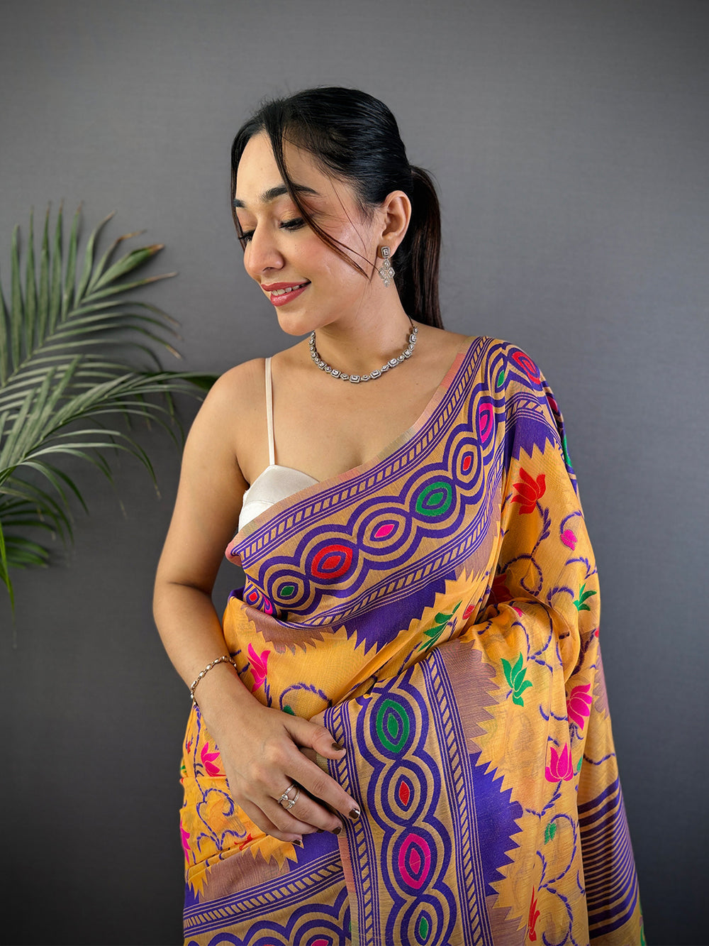 Mustard Multicolor Printed Soft Cotton Saree with Traditional Folk Art Motifs & Tassel Border