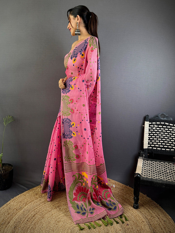 Pink Multicolor Printed Soft Cotton Saree with Floral Folk Art Motifs & Tassel Border