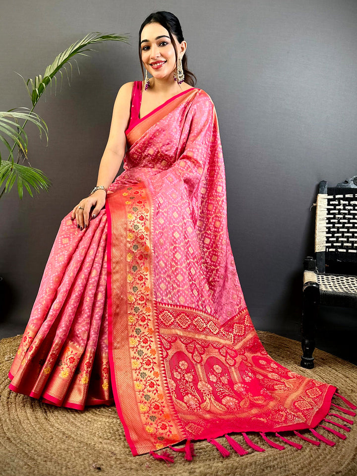 Pink Banarasi Soft Silk Saree with Golden Zari Weaving & Contrast Red Border