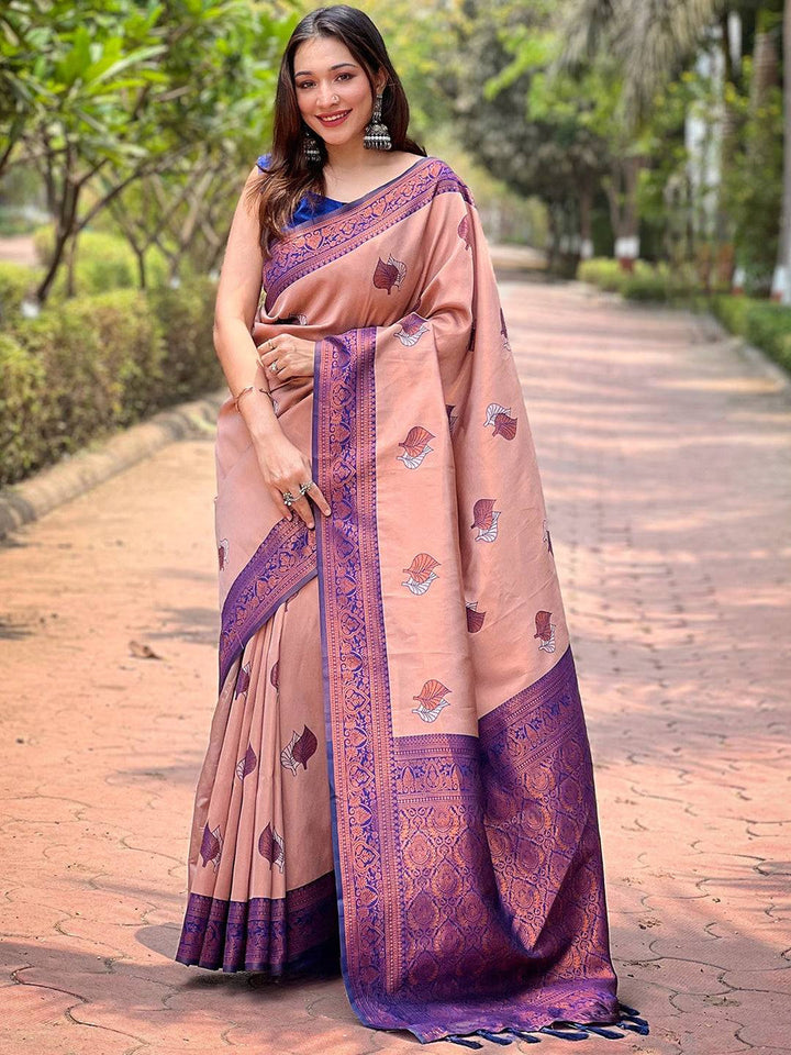 Peach & Purple Banarasi Soft Silk Saree with Zari Border & Leaf Motifs