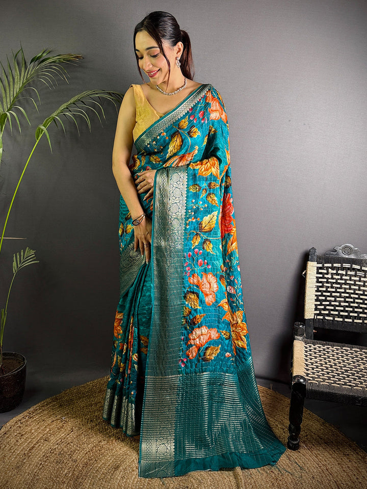 Teal Green Floral Soft Silk Saree with Silver Zari Border & Pallu