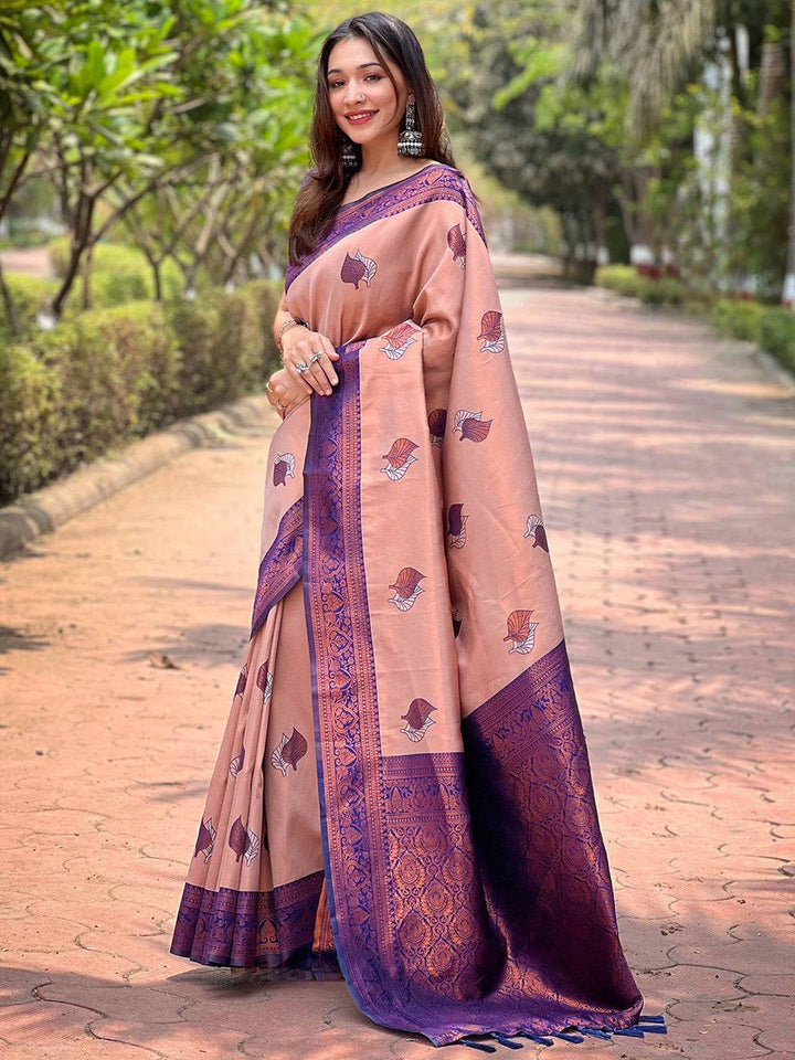 Peach & Purple Banarasi Soft Silk Saree with Zari Border & Leaf Motifs