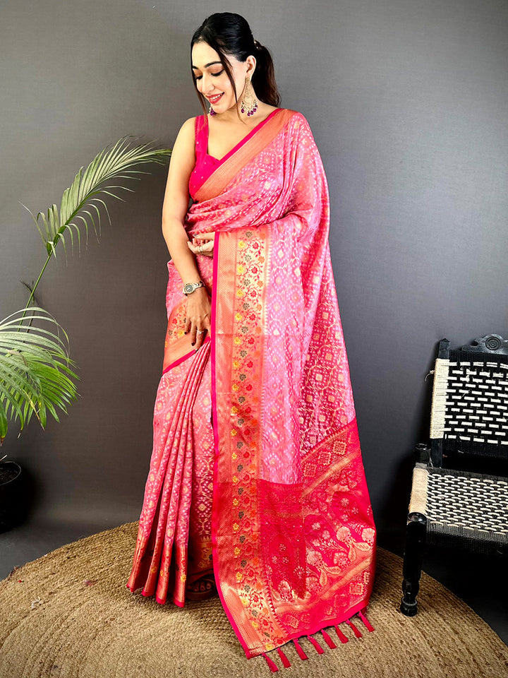 Pink Banarasi Soft Silk Saree with Golden Zari Weaving & Contrast Red Border