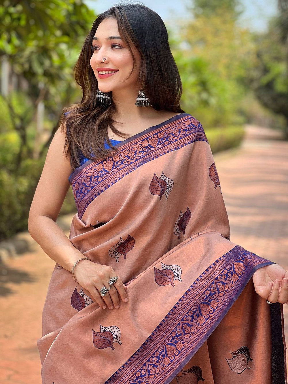 Peach & Purple Banarasi Soft Silk Saree with Zari Border & Leaf Motifs