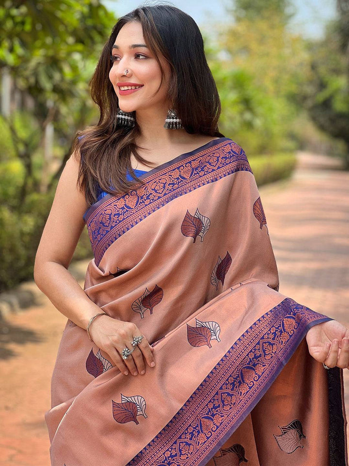 Peach & Purple Banarasi Soft Silk Saree with Zari Border & Leaf Motifs