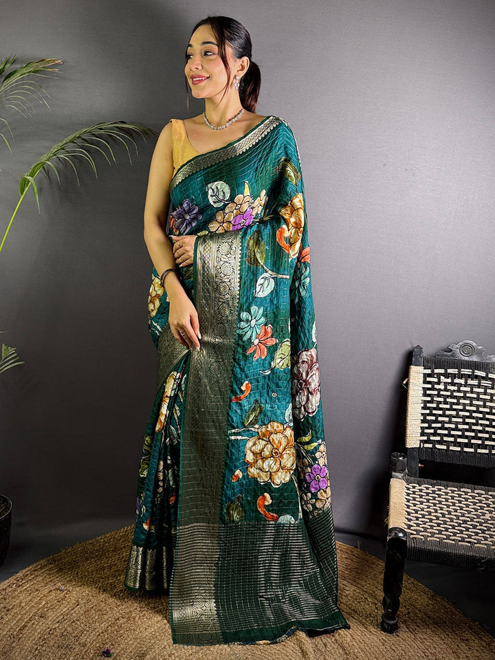 Dark Teal Floral Soft Silk Saree with Golden Zari Border & Pallu