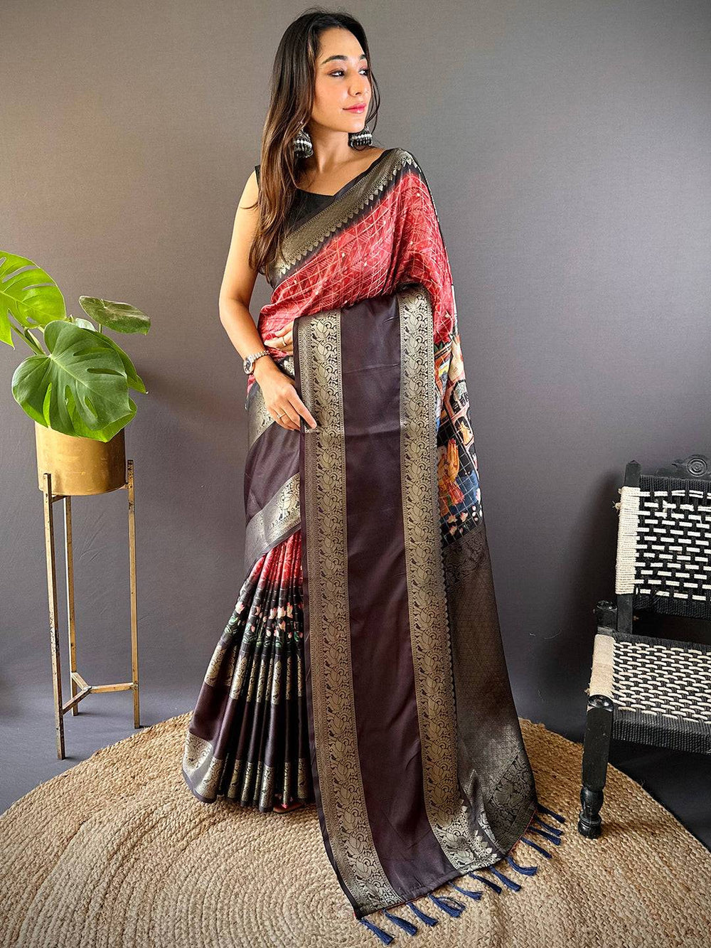 Maroon & Black Banarasi Silk Saree with Zari Border & Printed Pallu