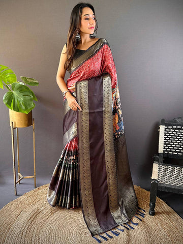 Maroon & Black Banarasi Silk Saree with Zari Border & Printed Pallu
