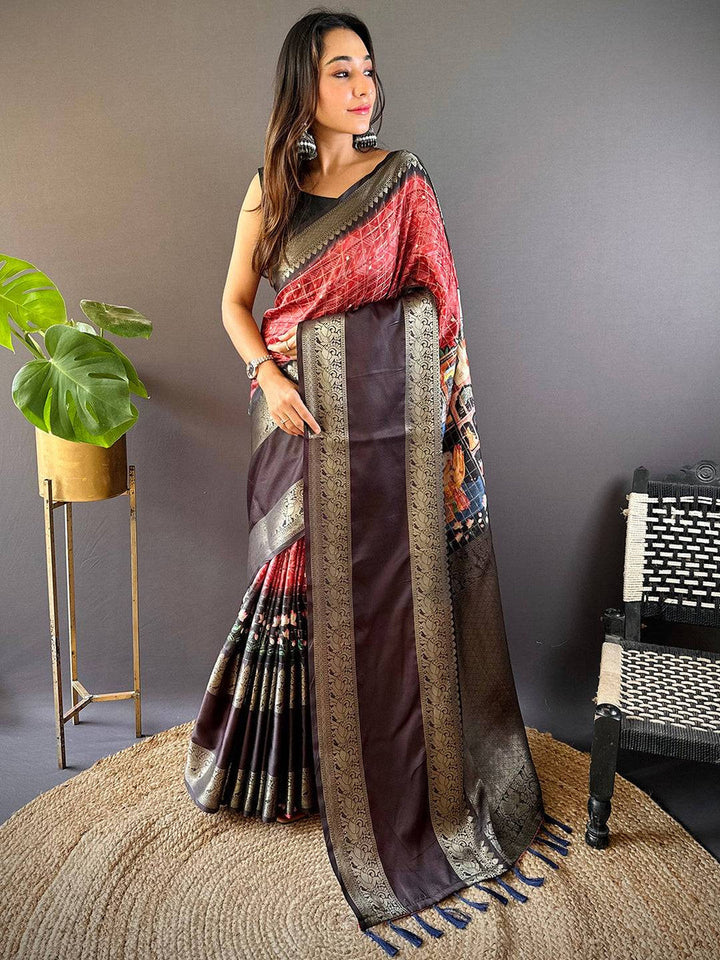 Maroon & Black Banarasi Silk Saree with Zari Border & Printed Pallu