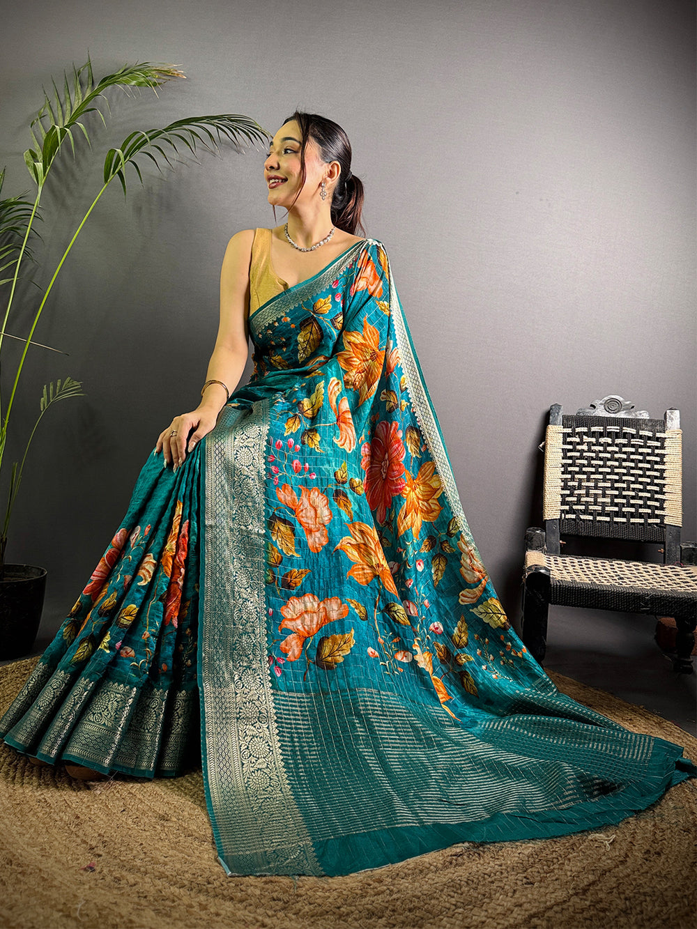 Teal Green Floral Soft Silk Saree with Silver Zari Border & Pallu