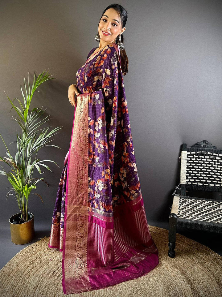 Purple Floral Banarasi Soft Silk Saree with Gold Zari Border & Pink Pallu