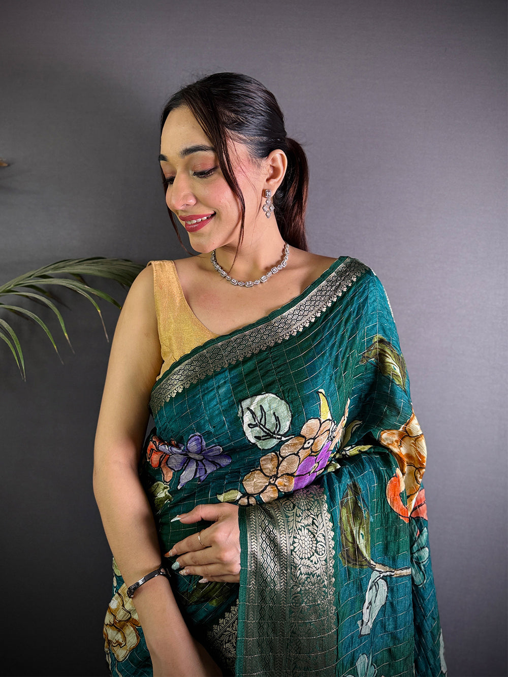 Dark Teal Floral Soft Silk Saree with Golden Zari Border & Pallu