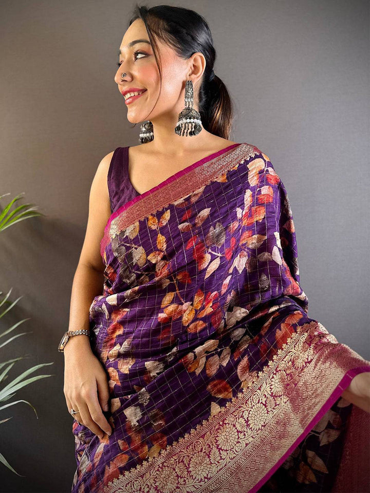 Purple Floral Banarasi Soft Silk Saree with Gold Zari Border & Pink Pallu