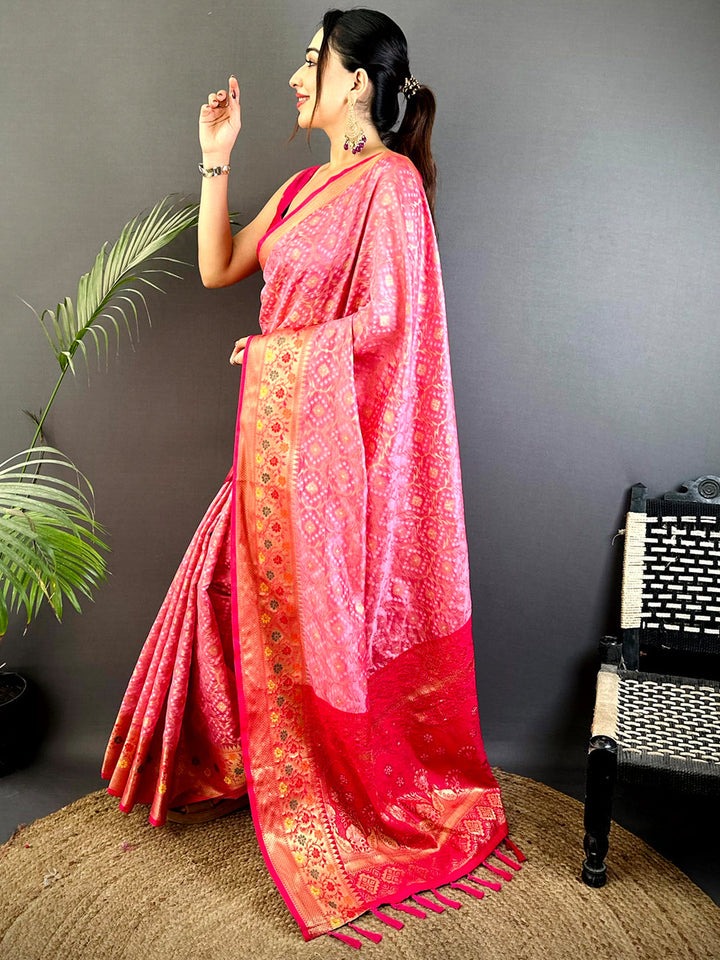 Pink Banarasi Soft Silk Saree with Golden Zari Weaving & Contrast Red Border