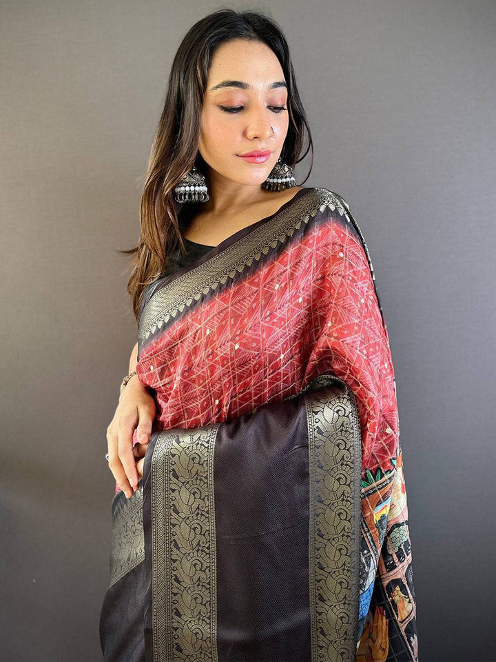 Maroon & Black Banarasi Silk Saree with Zari Border & Printed Pallu