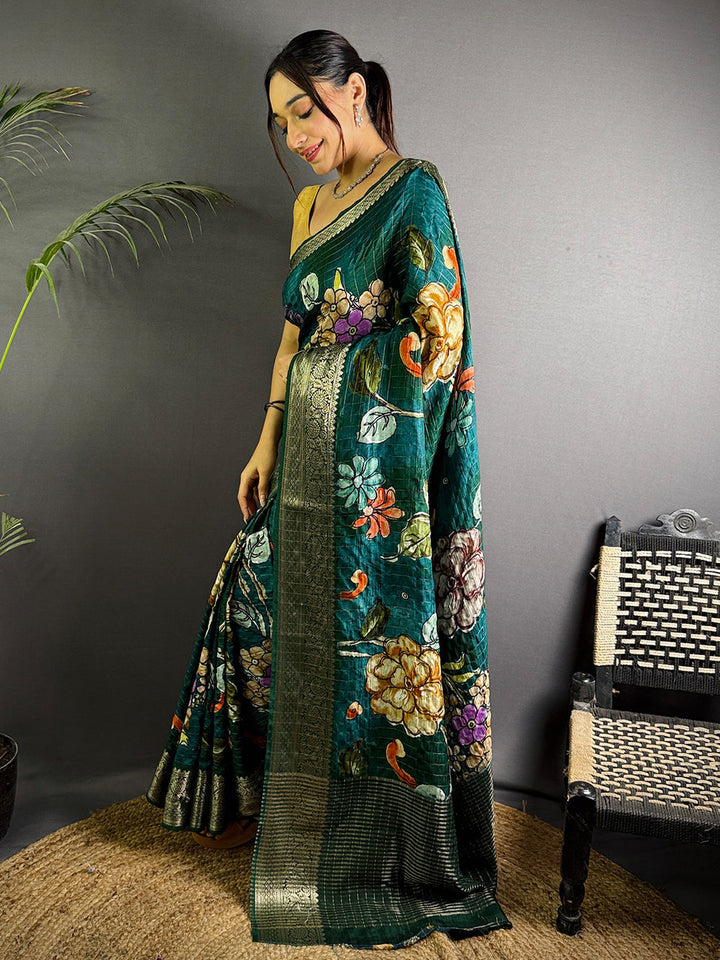 Dark Teal Floral Soft Silk Saree with Golden Zari Border & Pallu