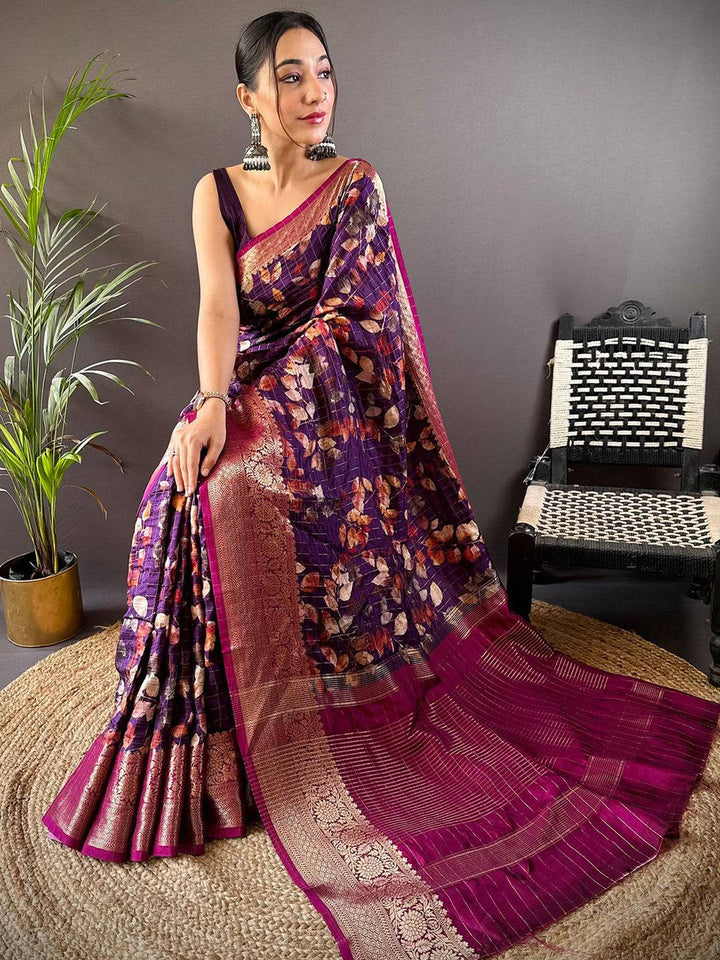 Purple Floral Banarasi Soft Silk Saree with Gold Zari Border & Pink Pallu