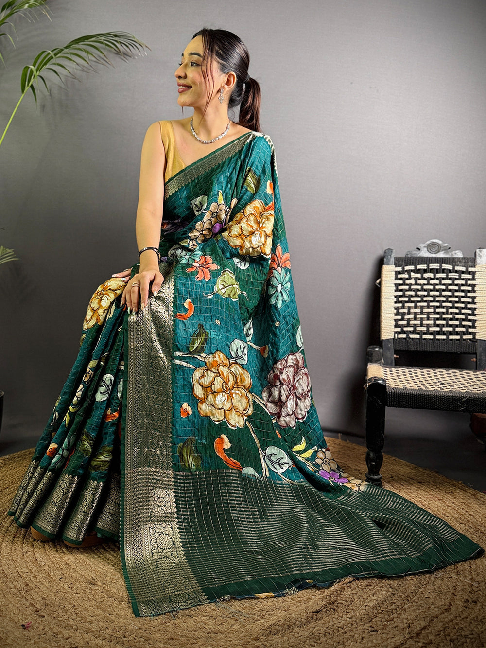 Dark Teal Floral Soft Silk Saree with Golden Zari Border & Pallu