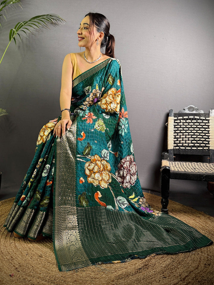 Dark Teal Floral Soft Silk Saree with Golden Zari Border & Pallu