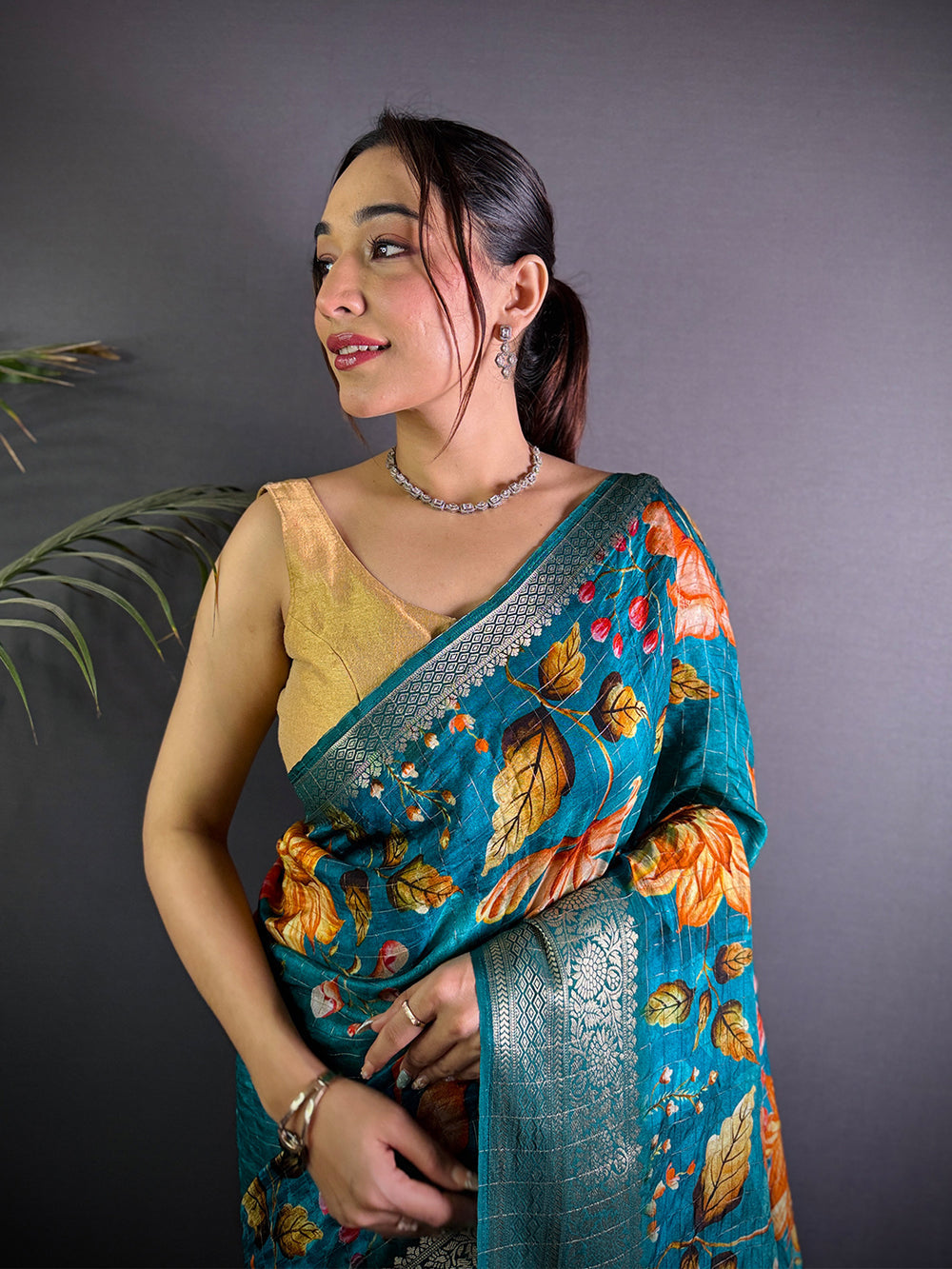 Teal Green Floral Soft Silk Saree with Silver Zari Border & Pallu