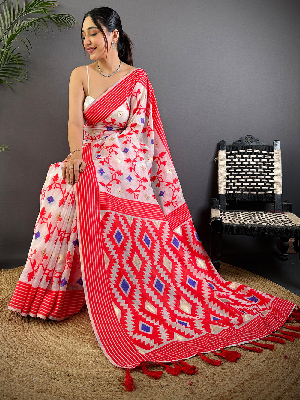 White & Red Soft Cotton Saree with Tribal Geometric Pallu and Floral Print