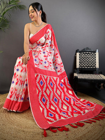 White & Red Soft Cotton Saree with Tribal Geometric Pallu and Floral Print