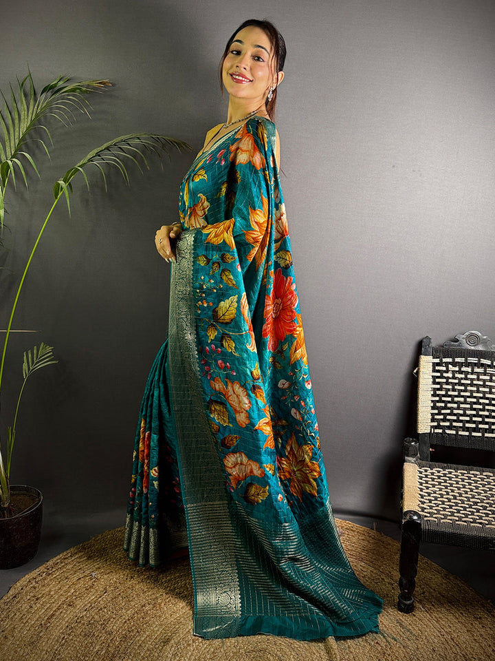 Teal Green Floral Soft Silk Saree with Silver Zari Border & Pallu