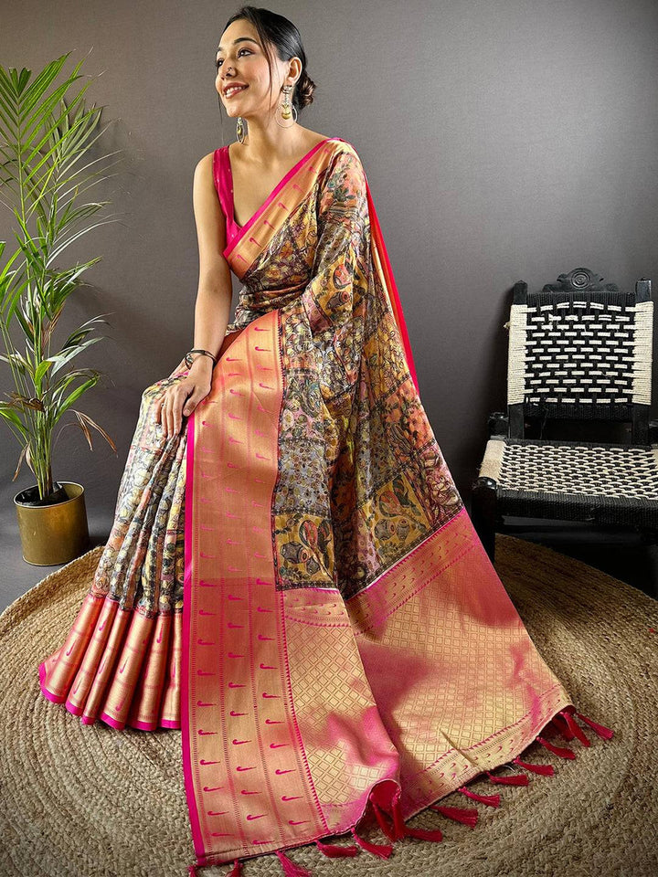 Peach & Pink Banarasi Silk Saree with Kalamkari Print Pallu & Zari Border