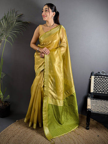 Mustard Yellow Soft Silk Saree with Contrast Green Woven Pallu & Zari Border