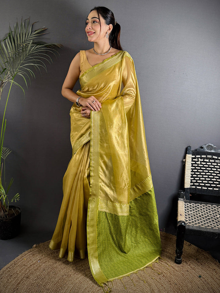 Mustard Yellow Soft Silk Saree with Contrast Green Woven Pallu & Zari Border