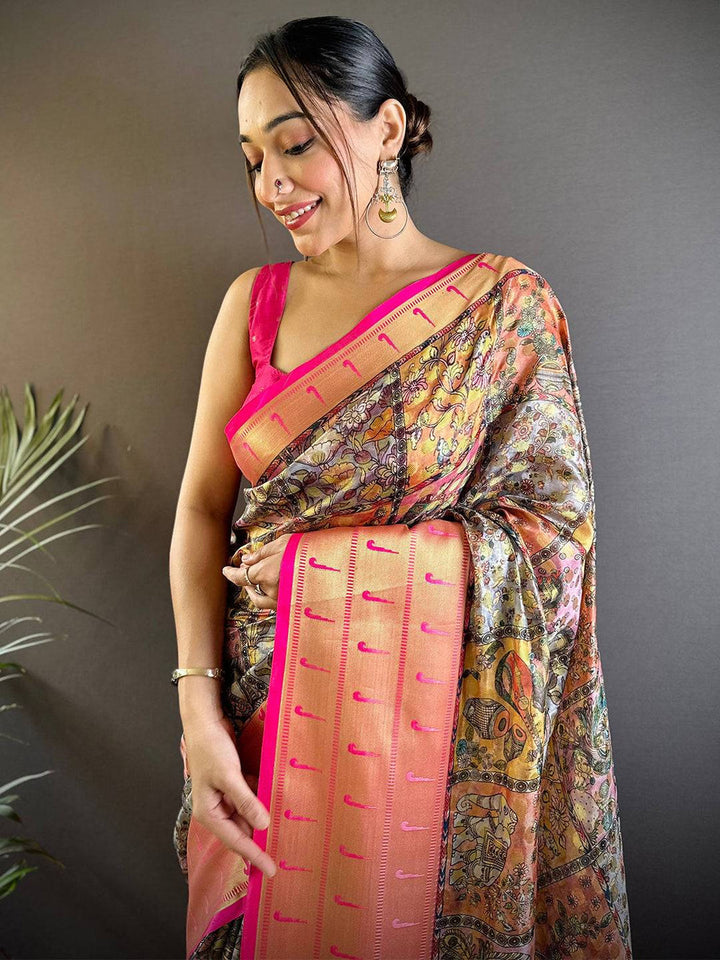 Peach & Pink Banarasi Silk Saree with Kalamkari Print Pallu & Zari Border