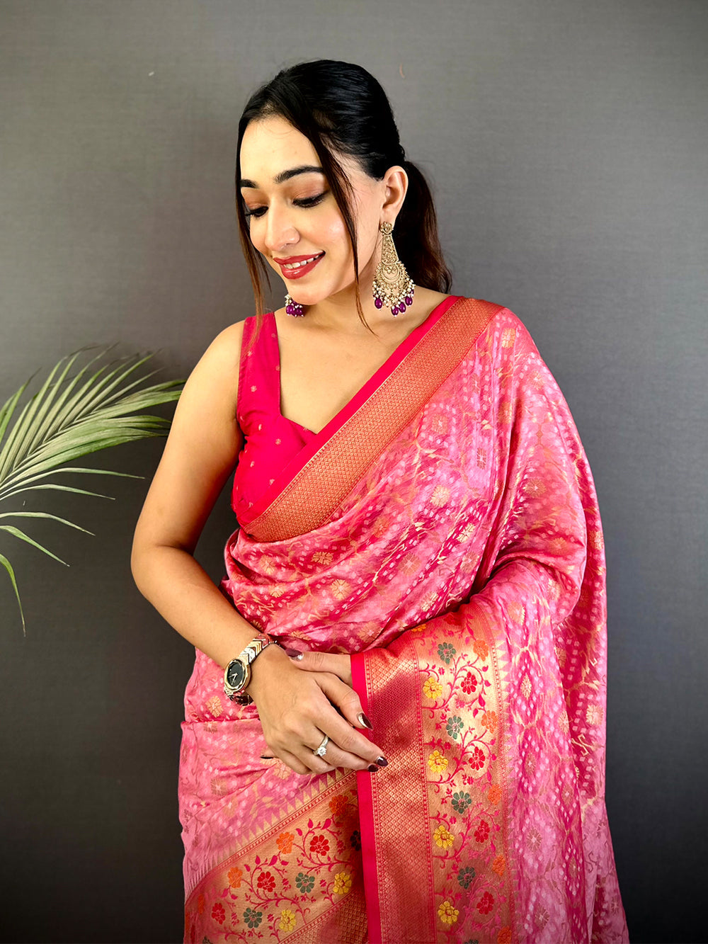 Pink Banarasi Soft Silk Saree with Golden Zari Weaving & Contrast Red Border