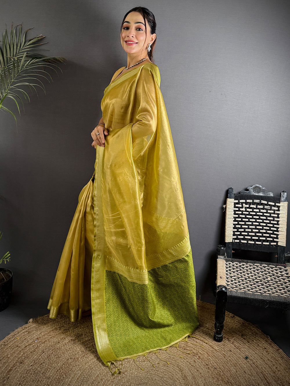 Mustard Yellow Soft Silk Saree with Contrast Green Woven Pallu & Zari Border