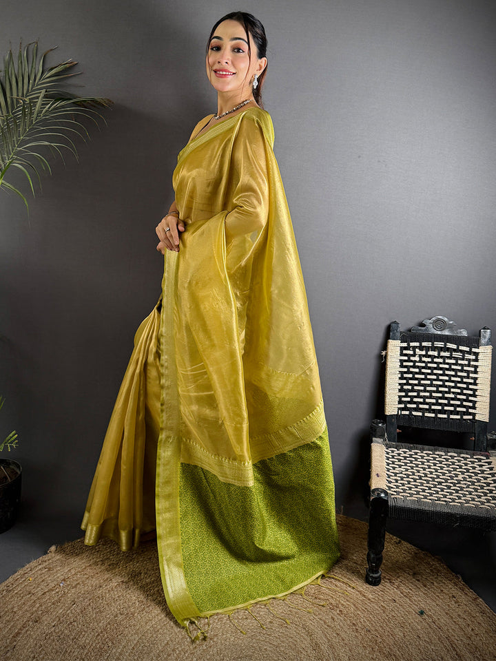 Mustard Yellow Soft Silk Saree with Contrast Green Woven Pallu & Zari Border