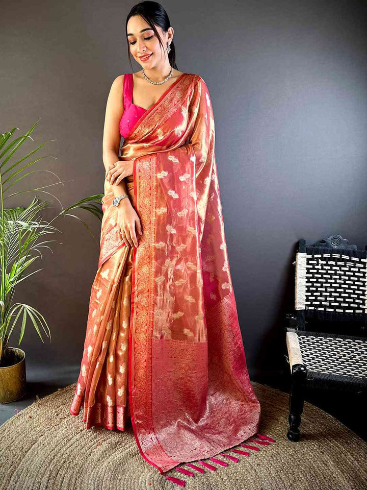 Peach & Pink Banarasi Silk Saree with Golden Zari Weaving