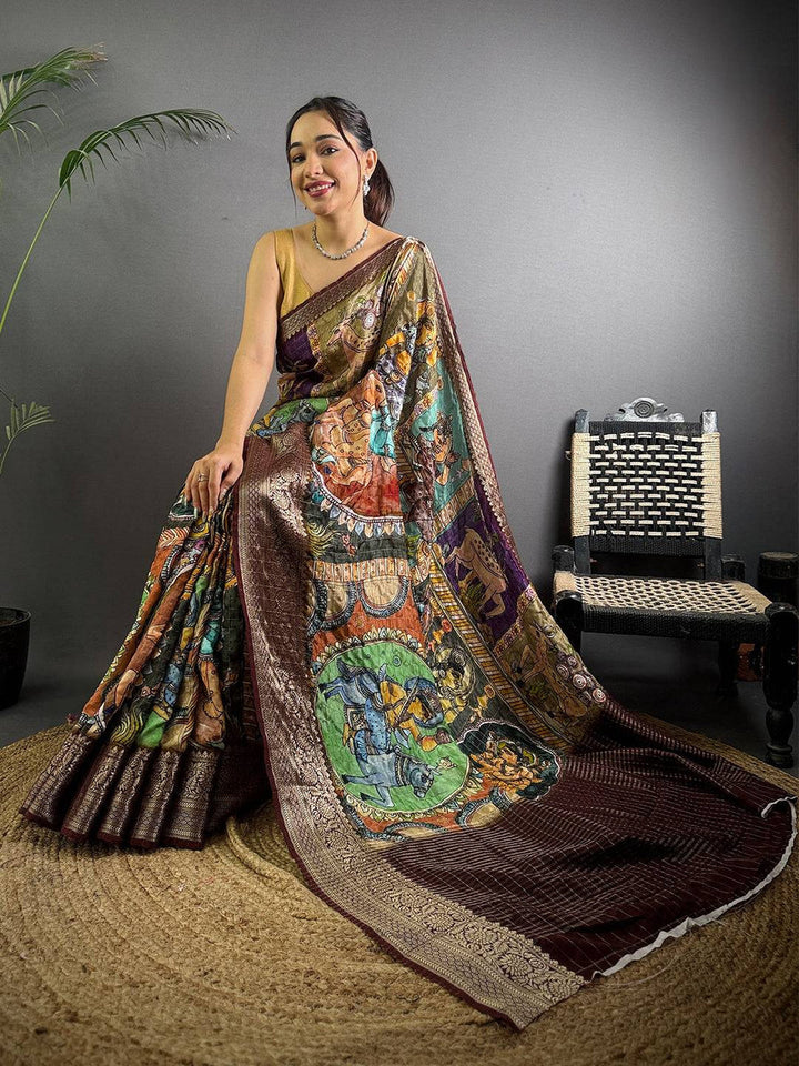 Brown Soft Silk Saree with Traditional Kalamkari Print & Golden Zari Border