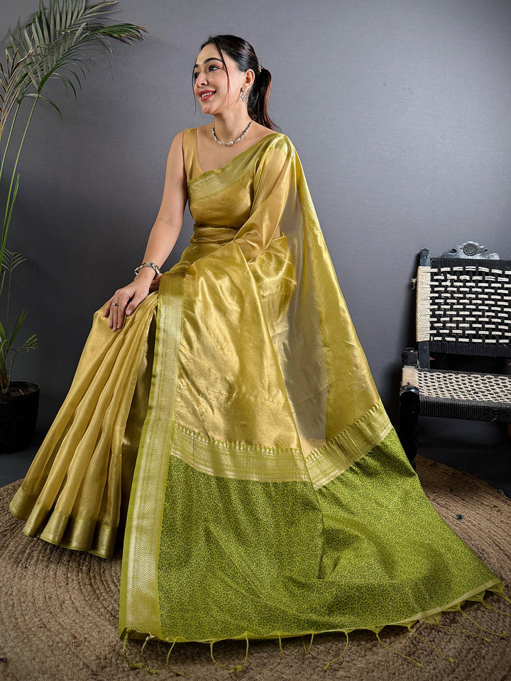 Mustard Yellow Soft Silk Saree with Contrast Green Woven Pallu & Zari Border