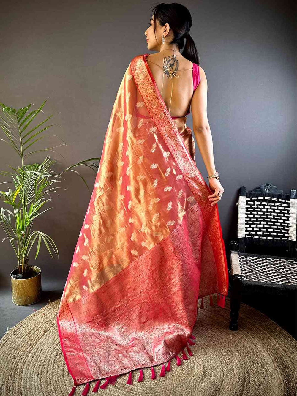 Peach & Pink Banarasi Silk Saree with Golden Zari Weaving