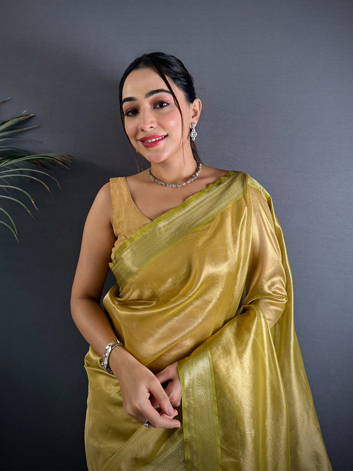 Mustard Yellow Soft Silk Saree with Contrast Green Woven Pallu & Zari Border