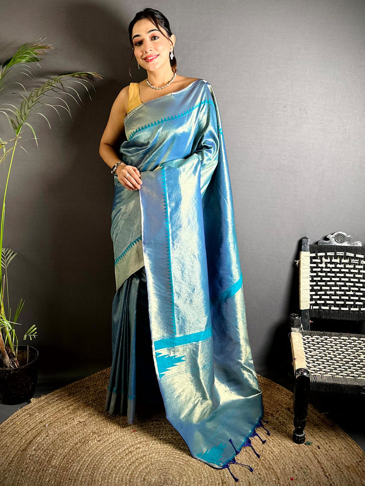 Teal Green Soft Silk Saree with Silver Zari Border & Pallu
