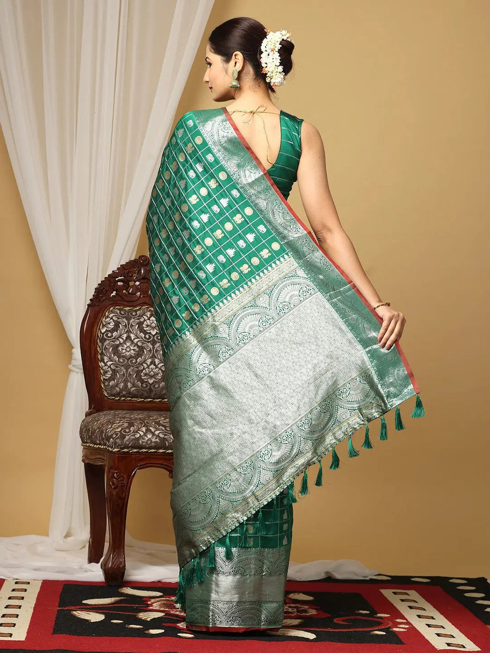 Emerald Green Banarasi Silk Saree with Silver Zari Weaving & Contrast Border