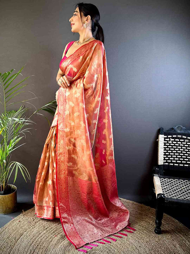 Peach & Pink Banarasi Silk Saree with Golden Zari Weaving