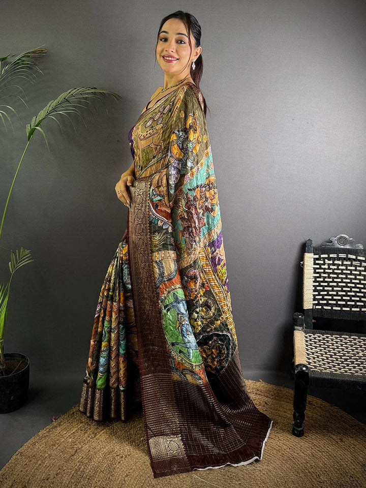 Brown Soft Silk Saree with Traditional Kalamkari Print & Golden Zari Border
