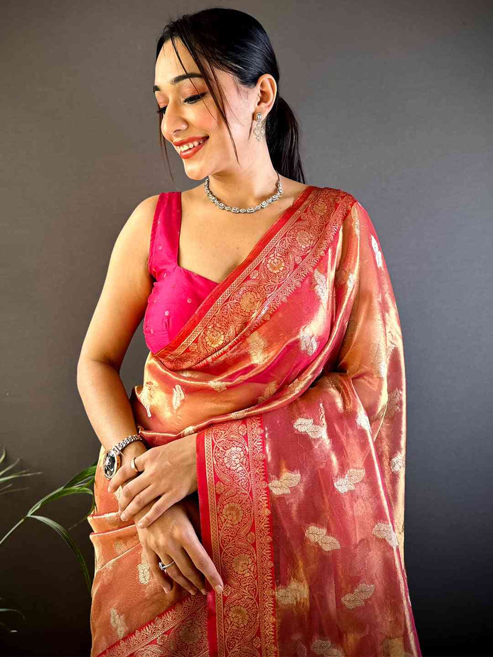 Peach & Pink Banarasi Silk Saree with Golden Zari Weaving
